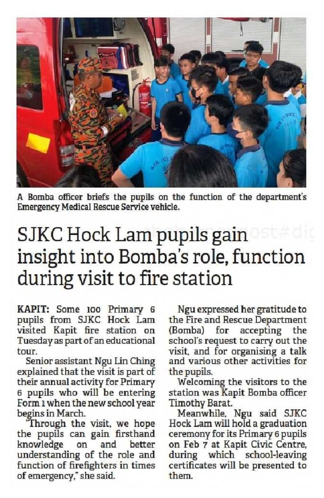 SJKC Hock Lam pupils gain insight into Bombas role function during visit to fire station