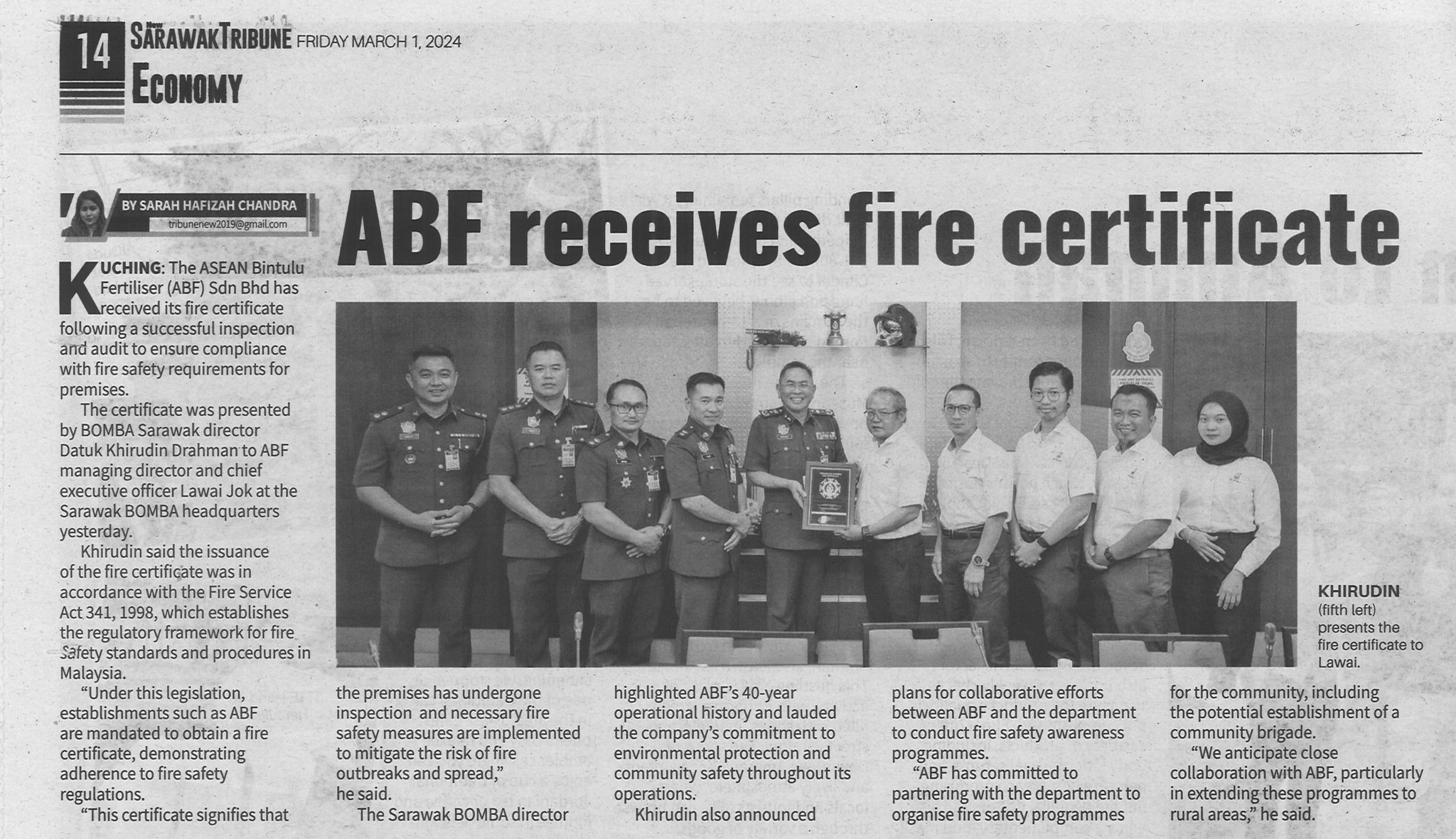ABF Receives Fire Certificate